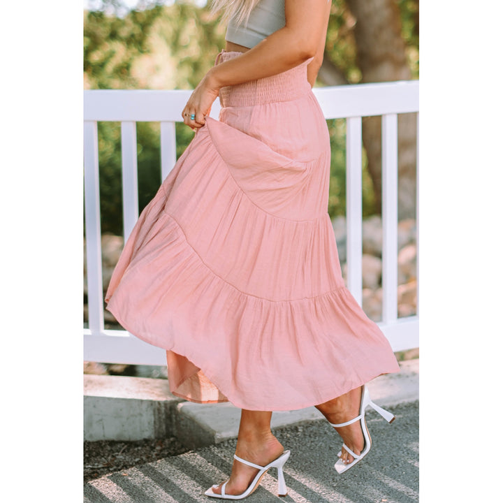 Womens Pink Smocked High Waist Tiered Maxi Skirt Image 6