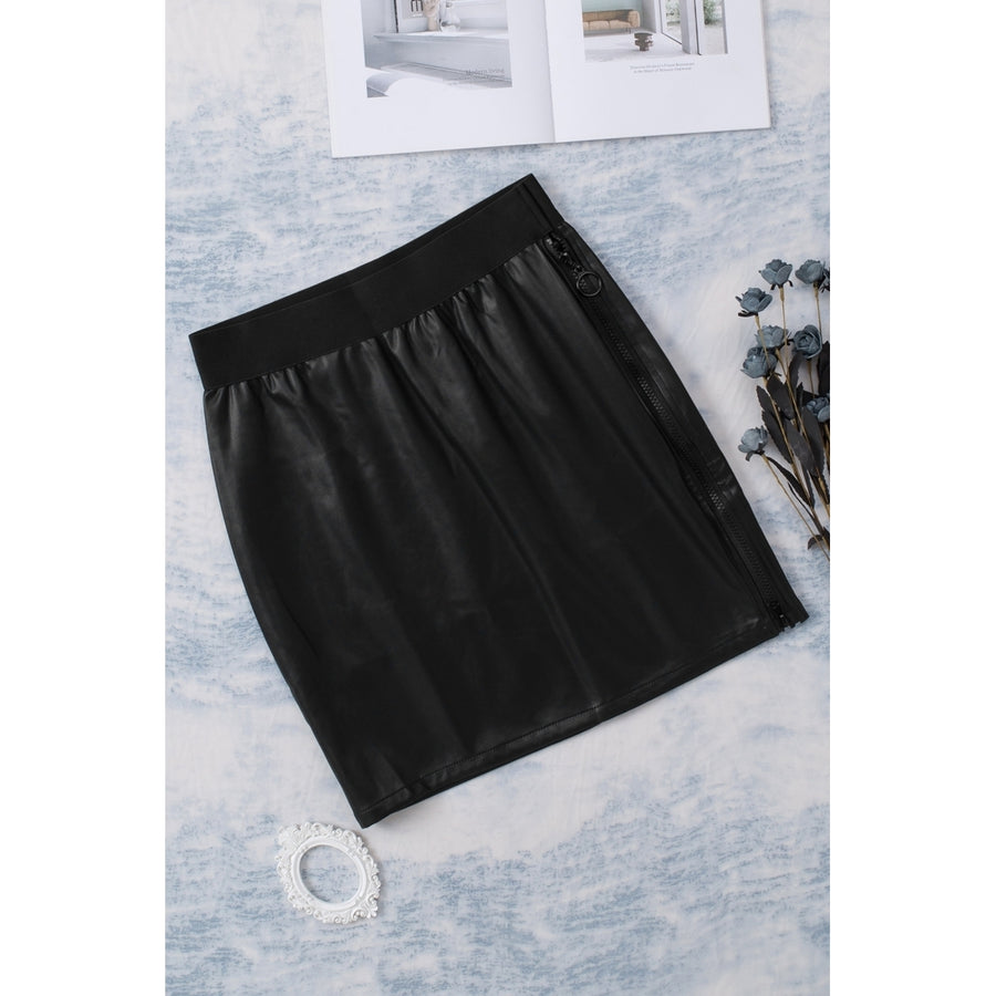 Womens Black Elastic Waist Zip Side Faux Leather Short Skirt Image 1