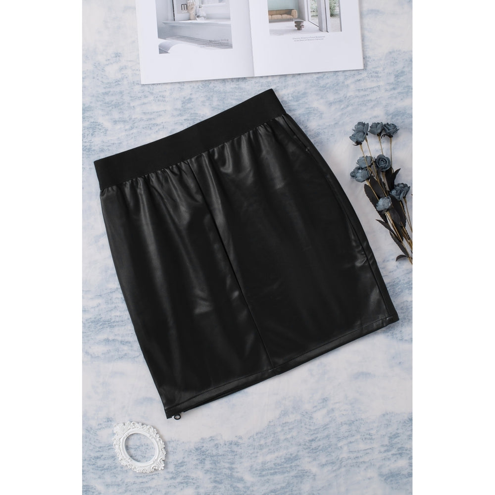 Womens Black Elastic Waist Zip Side Faux Leather Short Skirt Image 2