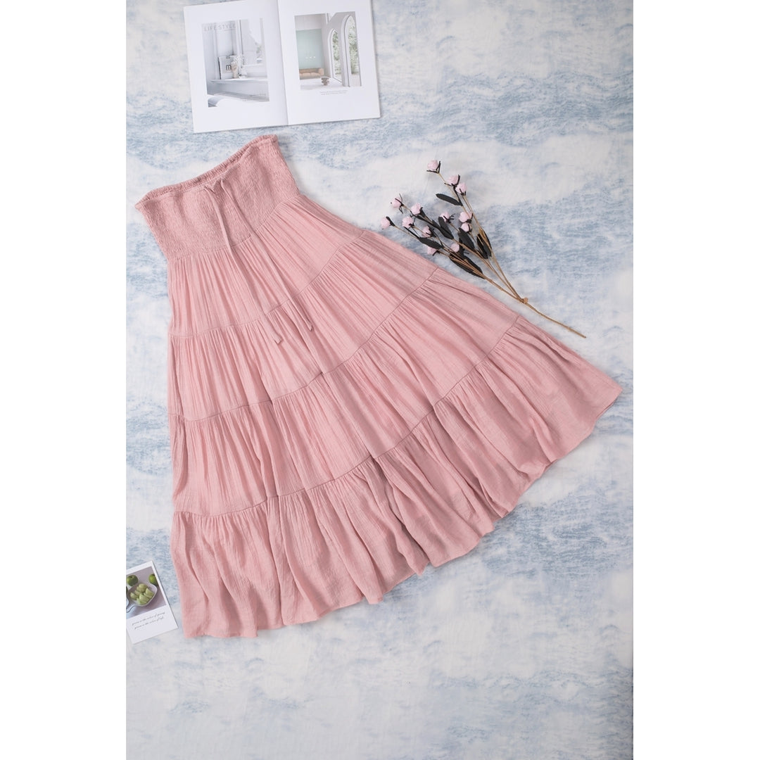 Womens Pink Smocked High Waist Tiered Maxi Skirt Image 8