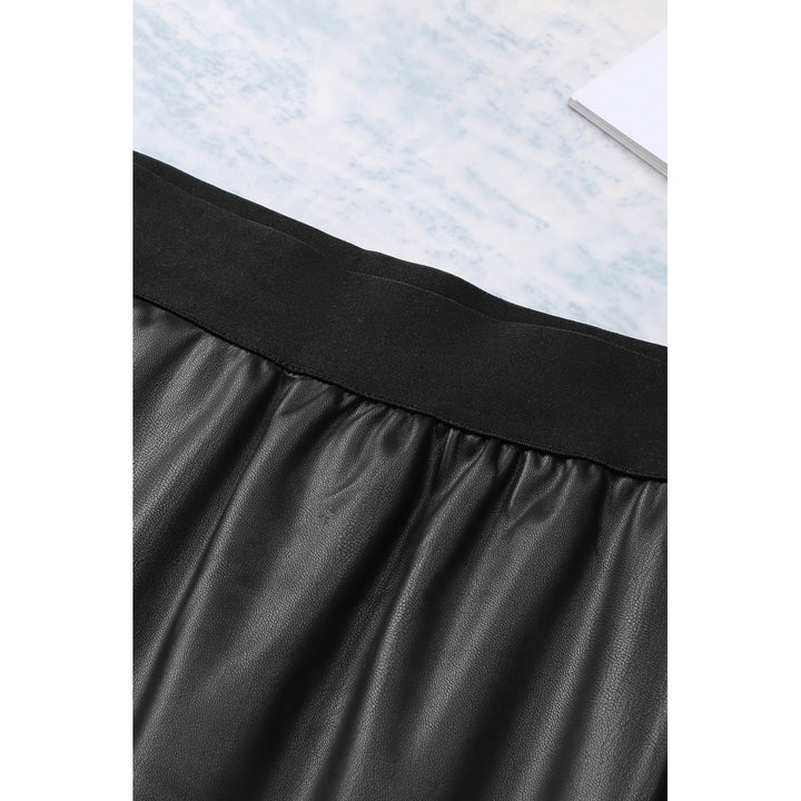 Womens Black Elastic Waist Zip Side Faux Leather Short Skirt Image 3