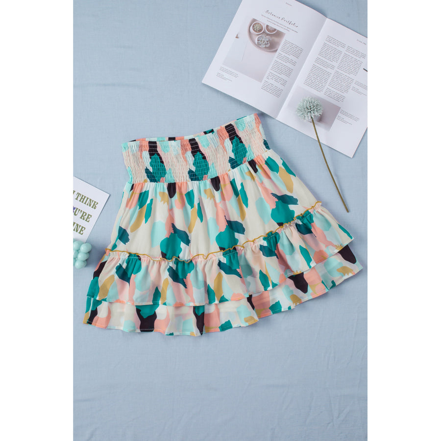 Womens Green Spotted Print Smocked High Waist Ruffle Mini Skirt Image 1