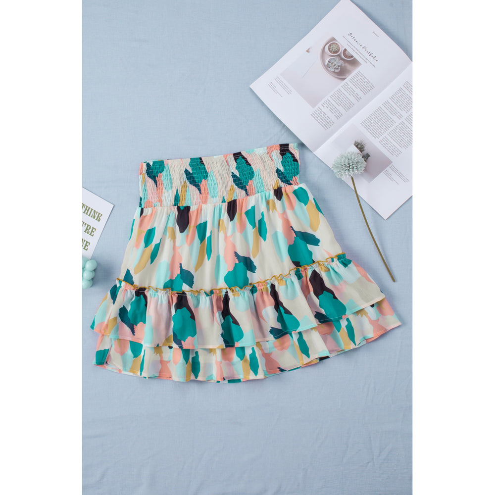 Womens Green Spotted Print Smocked High Waist Ruffle Mini Skirt Image 2