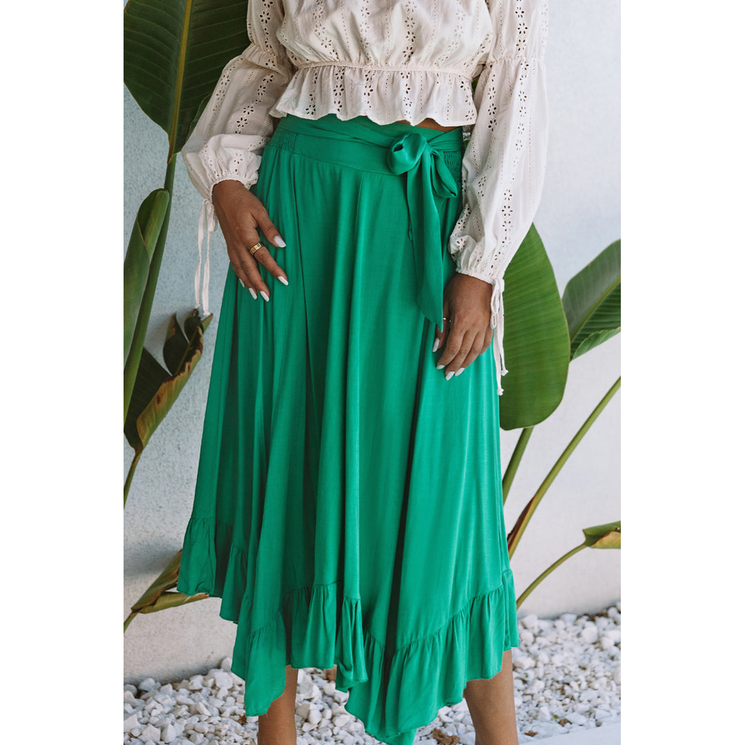 Womens Green Asymmetric Flounce Belted High Waist Maxi Skirts Image 1