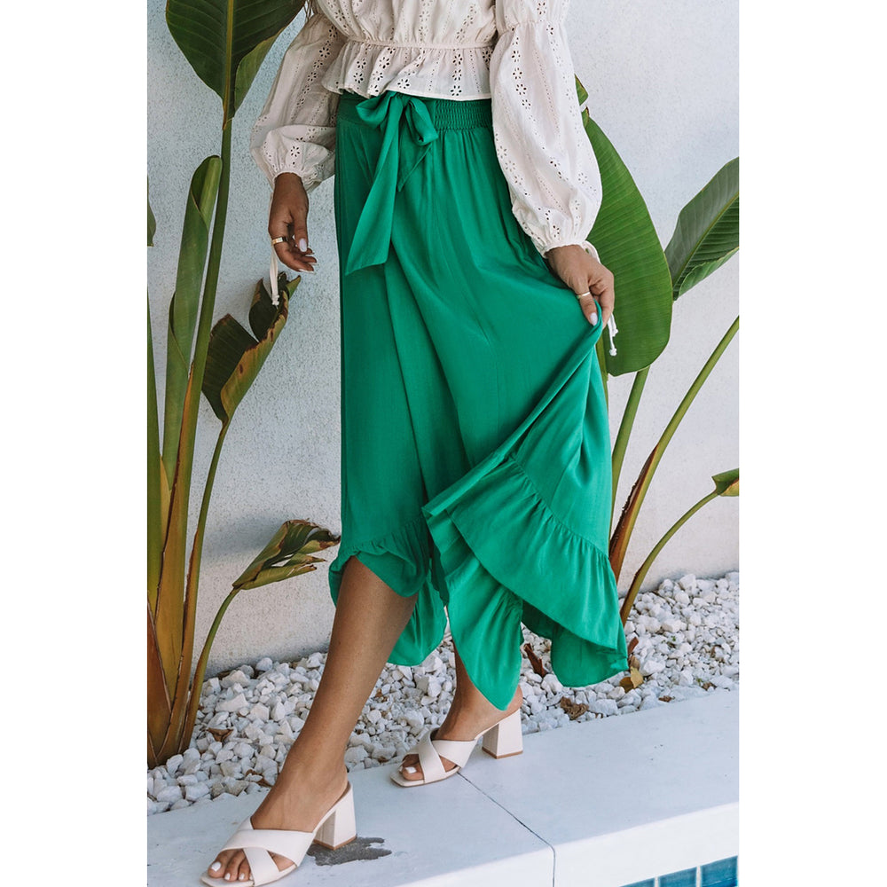 Womens Green Asymmetric Flounce Belted High Waist Maxi Skirts Image 2