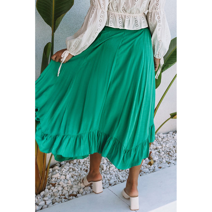 Womens Green Asymmetric Flounce Belted High Waist Maxi Skirts Image 3