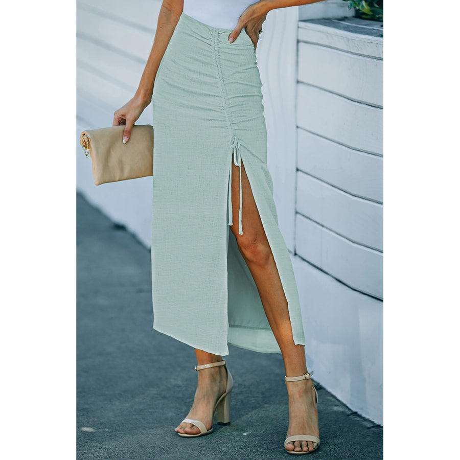 Womens Green Drawstring Side Split High Waist Long Skirt Image 1