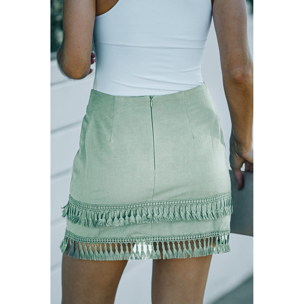 Womens Green Tiered Tassel Zip-up High Waist Mini Skirt Image 2