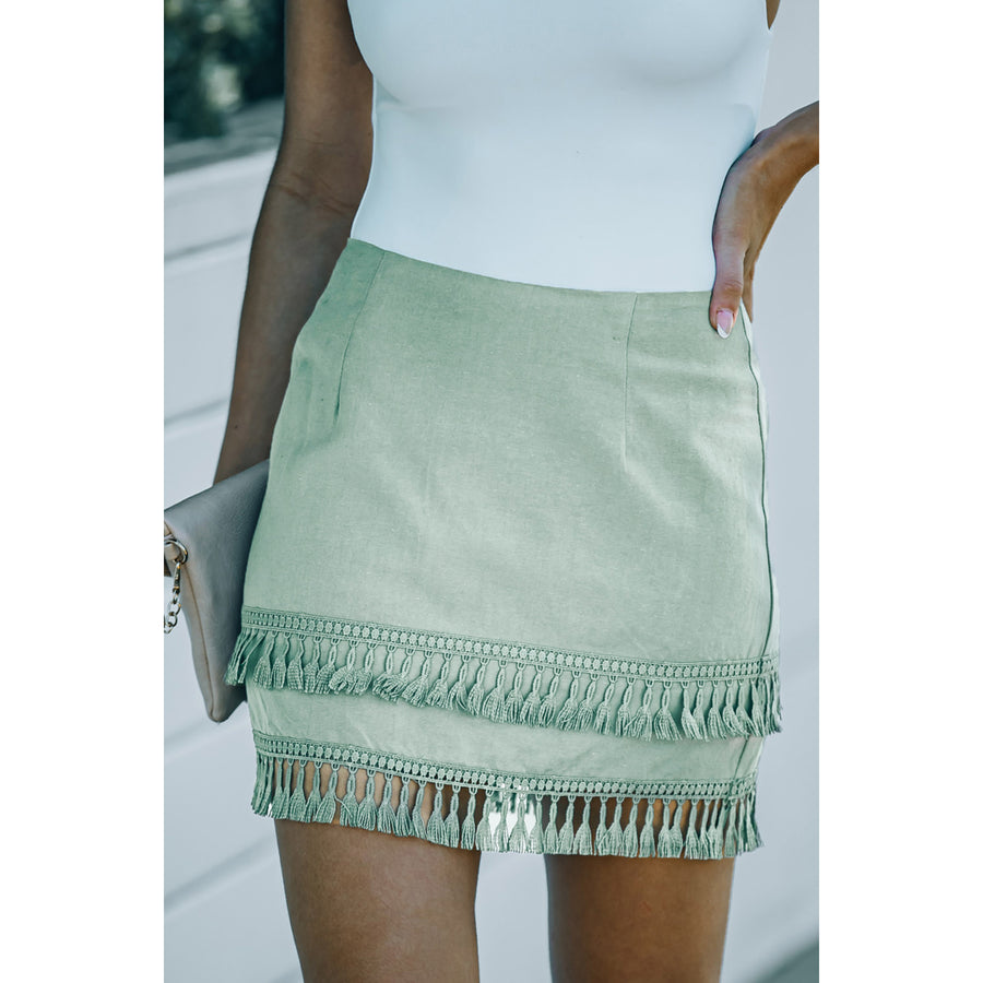 Womens Green Tiered Tassel Zip-up High Waist Mini Skirt Image 1