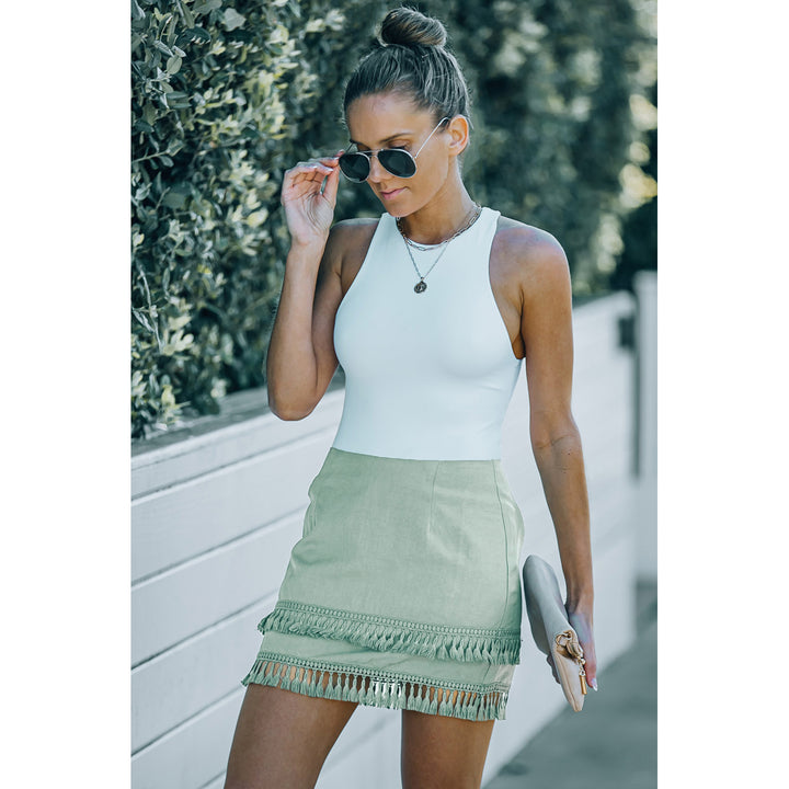 Womens Green Tiered Tassel Zip-up High Waist Mini Skirt Image 3