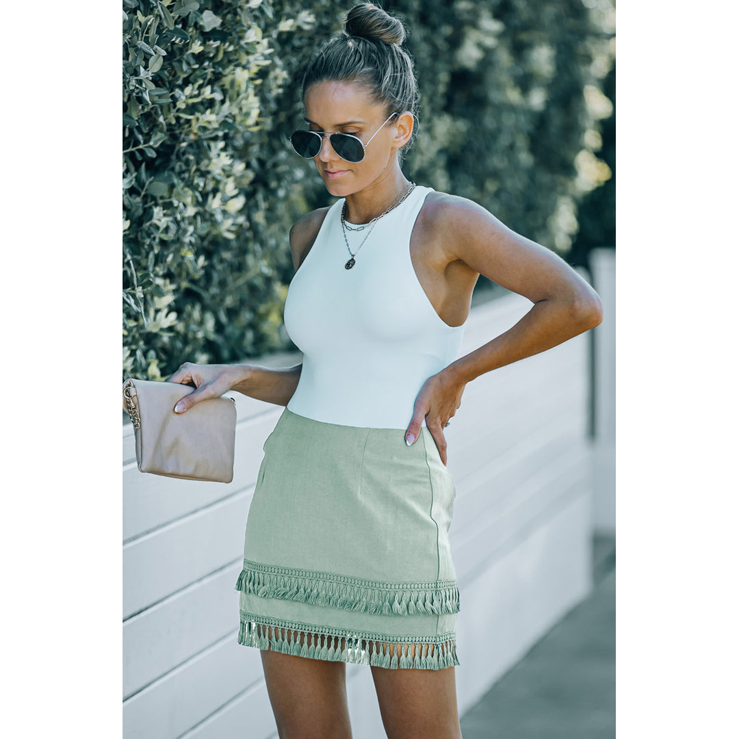 Womens Green Tiered Tassel Zip-up High Waist Mini Skirt Image 4