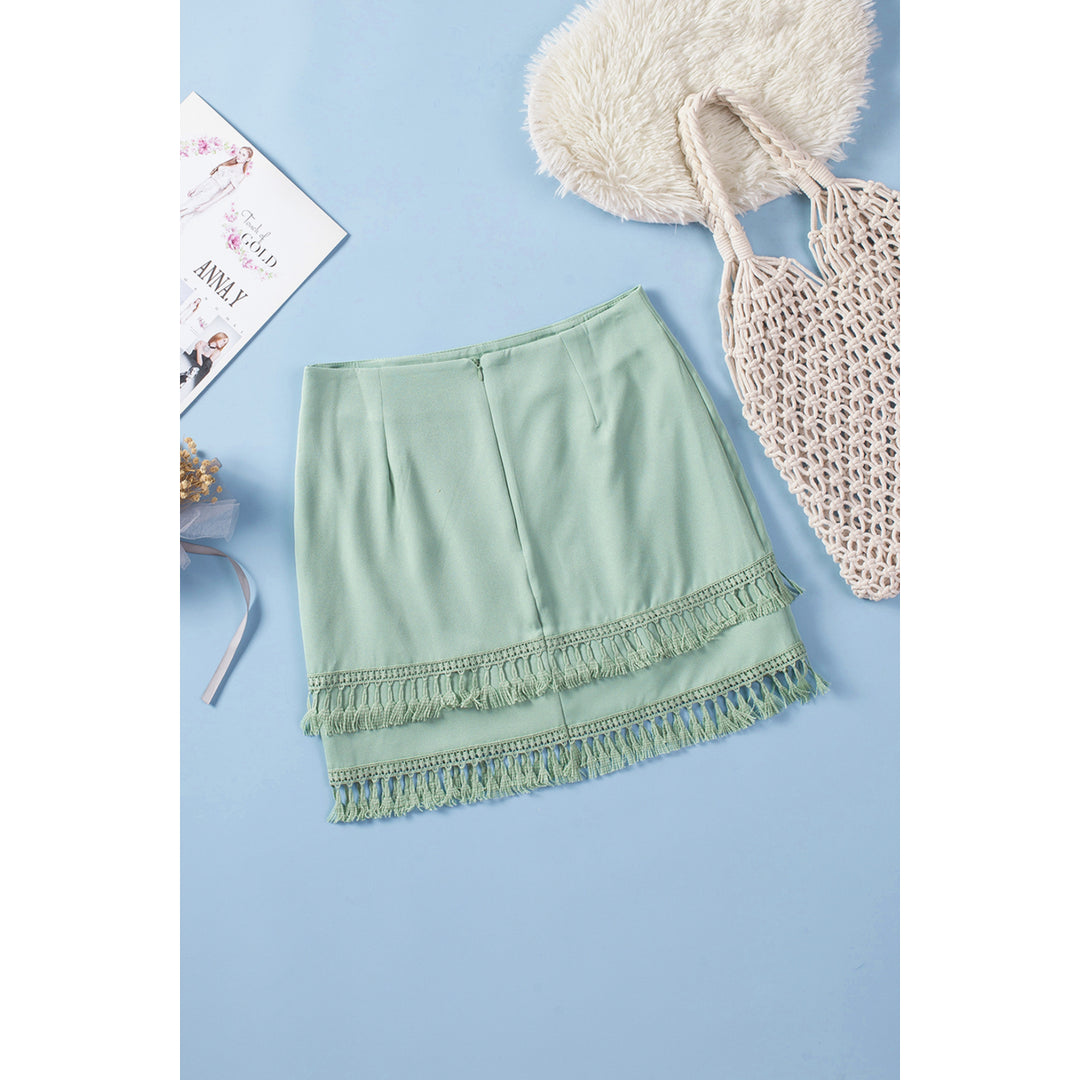 Womens Green Tiered Tassel Zip-up High Waist Mini Skirt Image 6