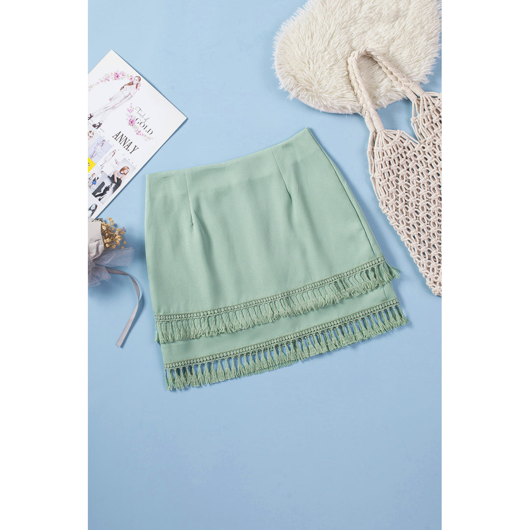 Womens Green Tiered Tassel Zip-up High Waist Mini Skirt Image 7