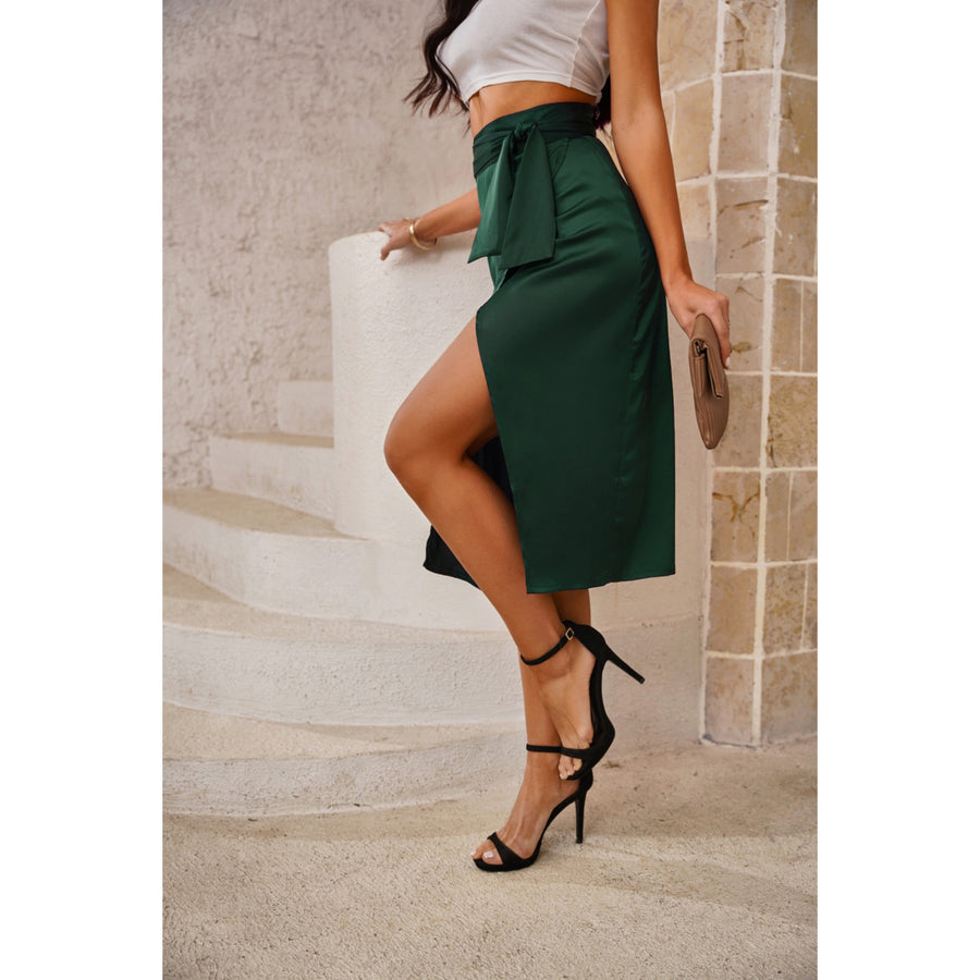 Womens Green Satin Wrap Midi Skirt with Split Image 1