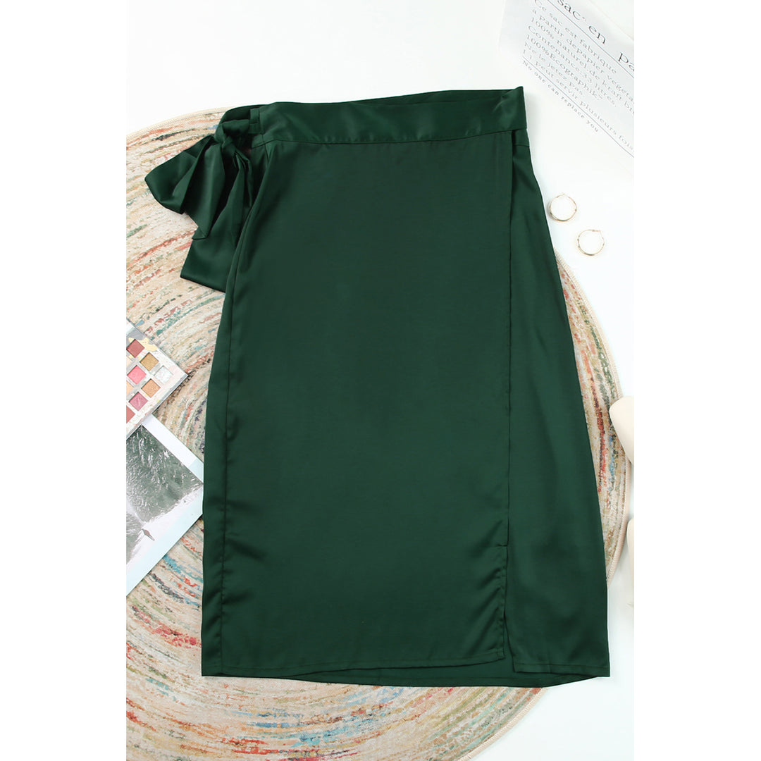 Womens Green Satin Wrap Midi Skirt with Split Image 7