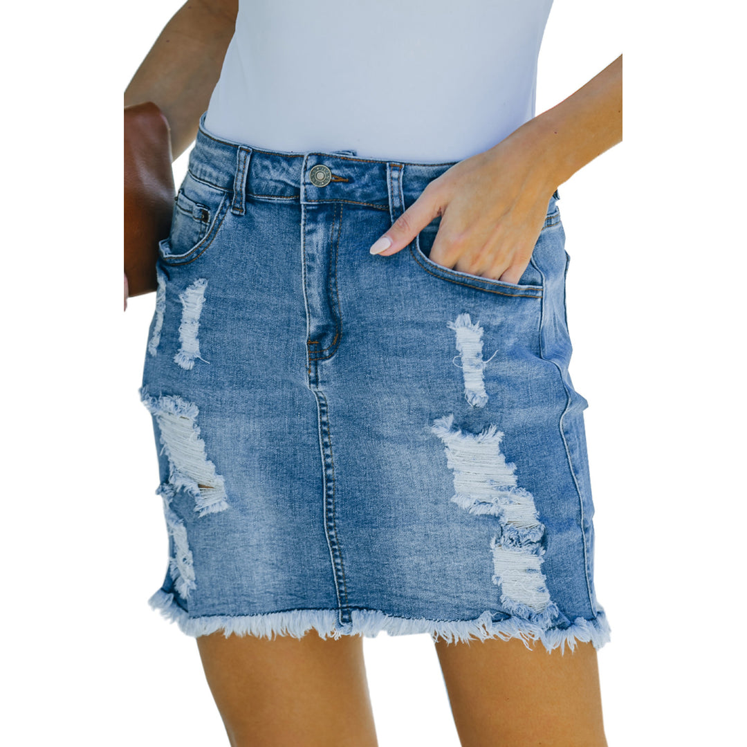 Womens Blue Distressed Raw Hem Denim Mini Skirt Image 9