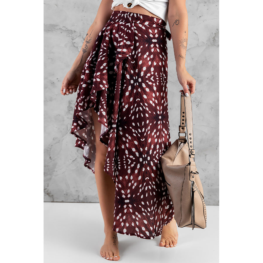 Womens Brown Petal Print Asymmetric Ruffled High Waist Skirt Image 1