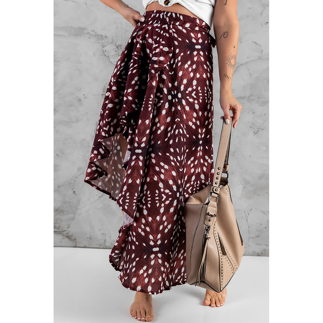Womens Brown Petal Print Asymmetric Ruffled High Waist Skirt Image 3