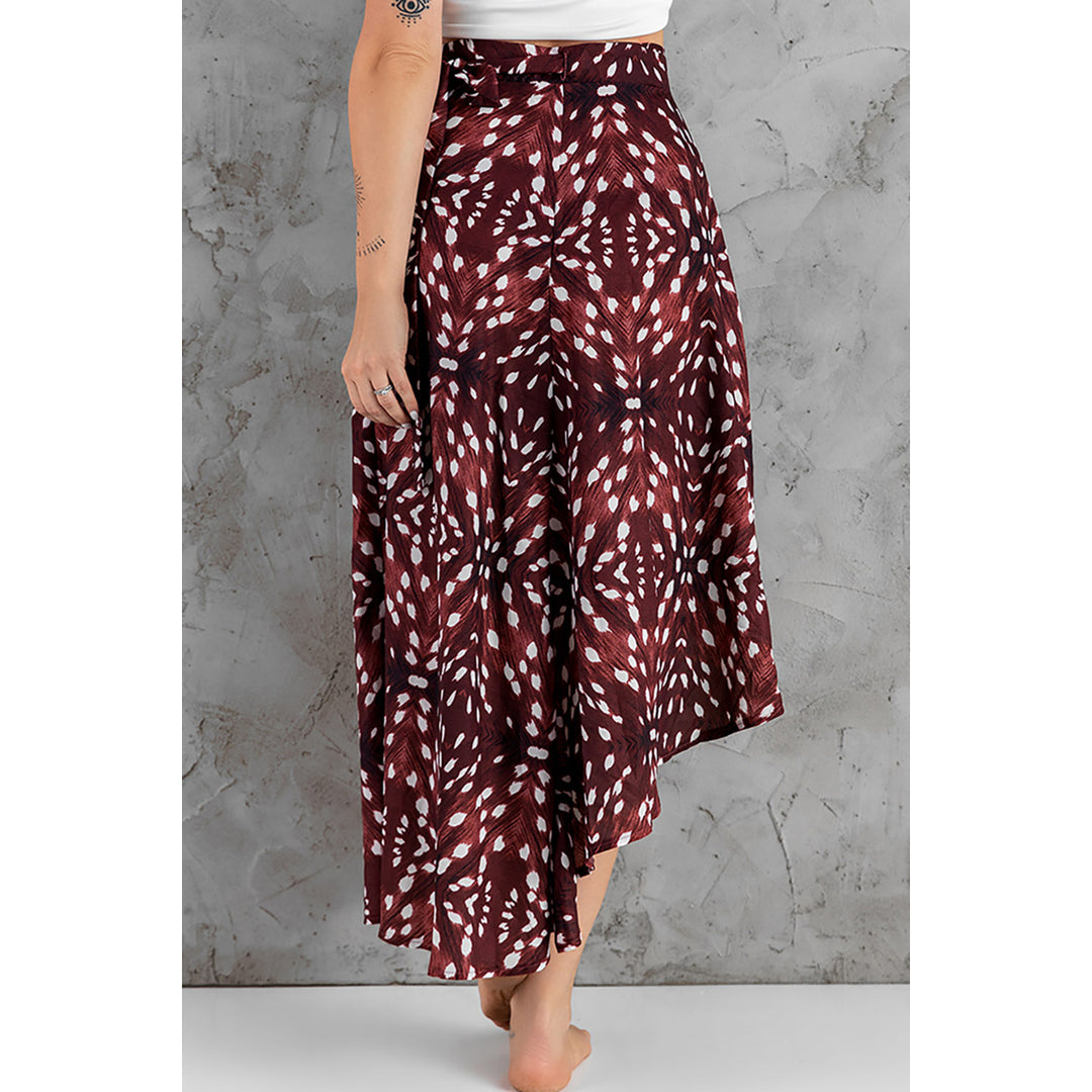 Womens Brown Petal Print Asymmetric Ruffled High Waist Skirt Image 4