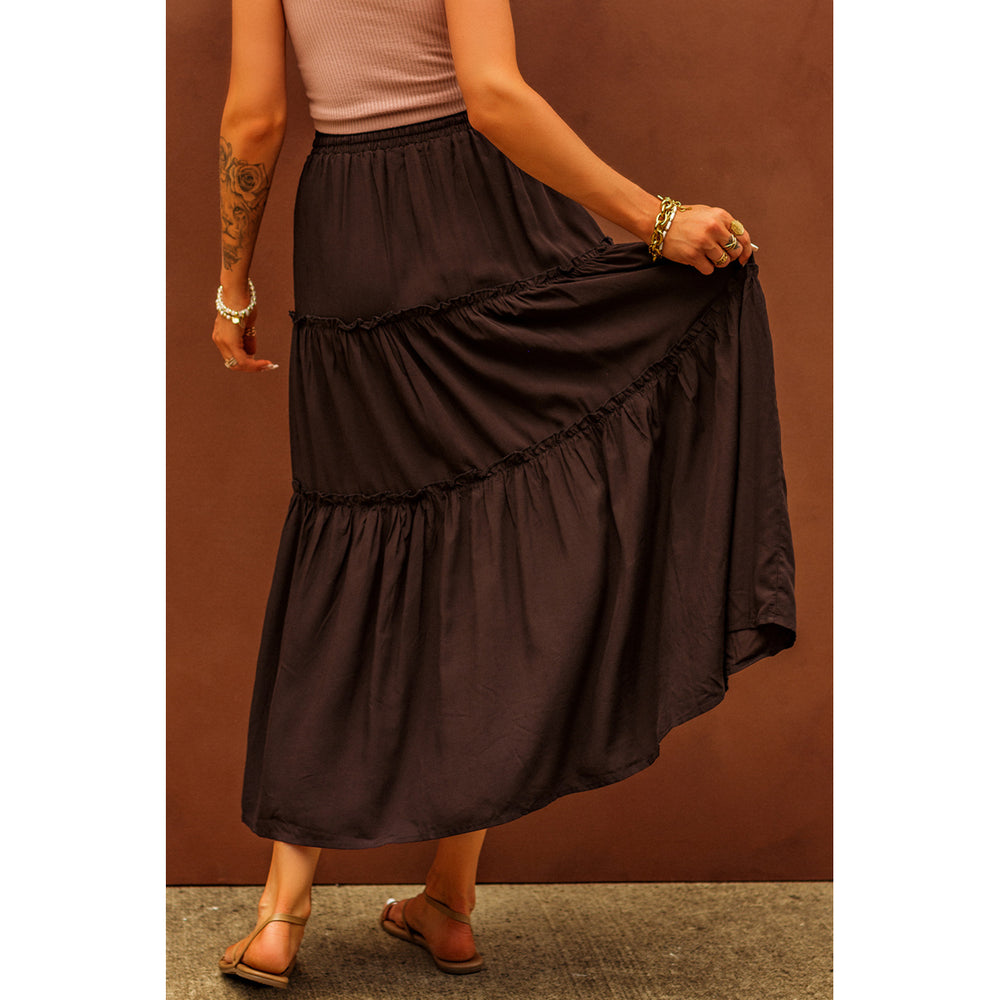 Womens Black Solid Layered Ruffled Drawstring High Waist Maxi Skirt Image 2