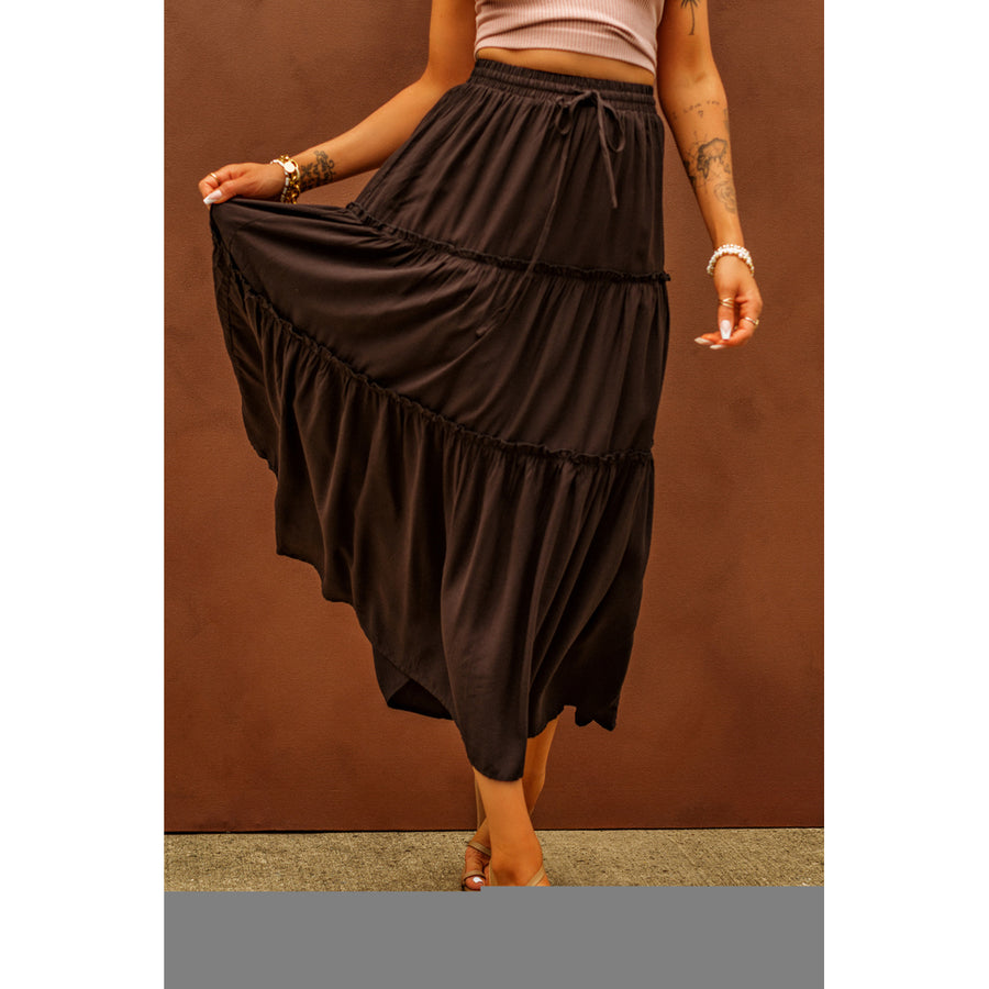 Women's Black Solid Layered Ruffled Drawstring High Waist Maxi Skirt Image 1