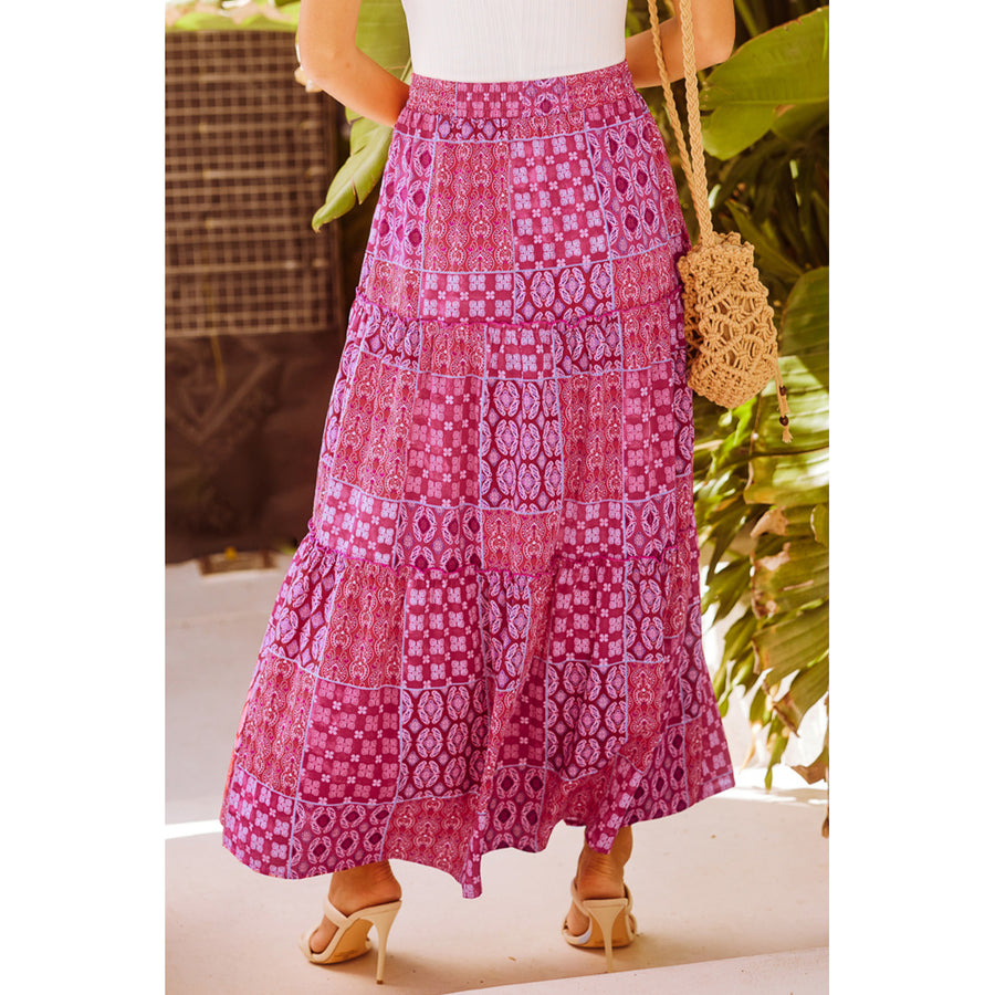 Womens Purple Tiered Paisley Print Pocketed Maxi Skirt Image 1