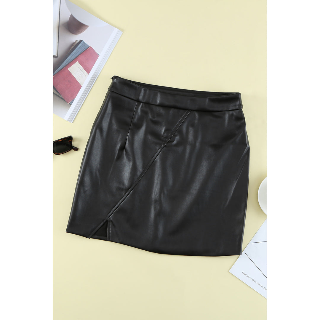 Womens Black Faux Leather Mini Skirt with Slit Image 6
