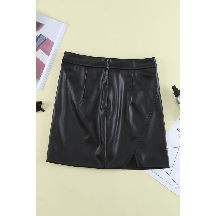 Womens Black Faux Leather Mini Skirt with Slit Image 7