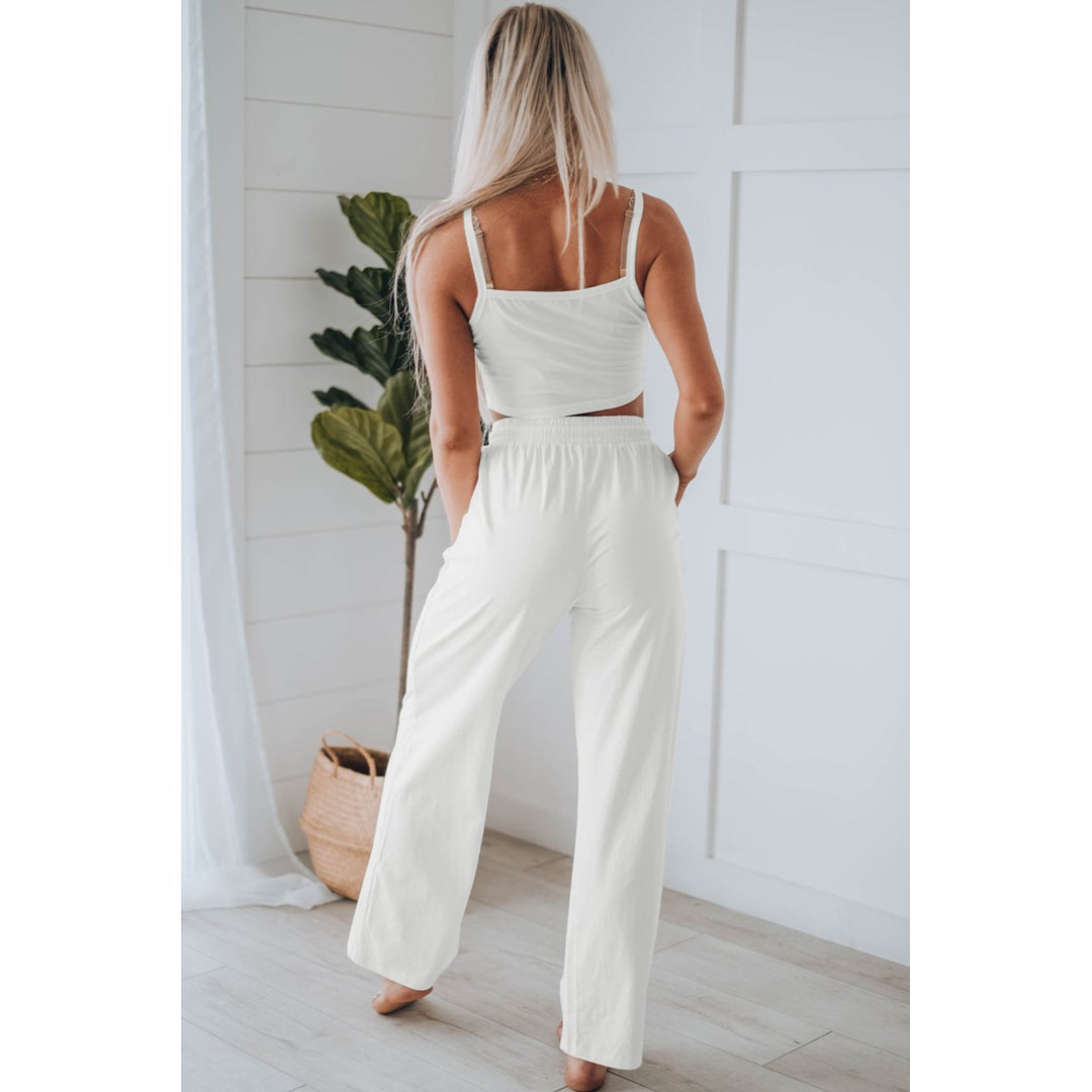 Womens White Cropped Cami Top and High Waist Pants Two Piece Set Image 1