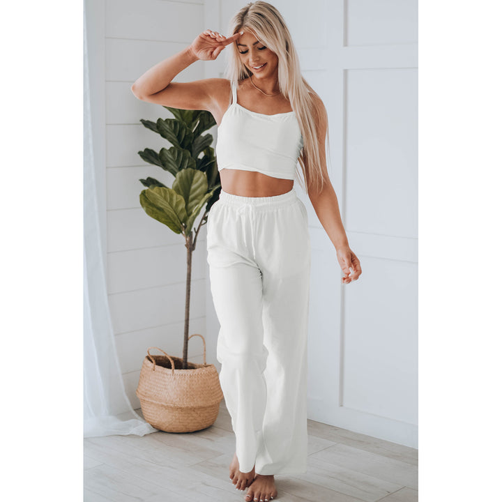 Womens White Cropped Cami Top and High Waist Pants Two Piece Set Image 3