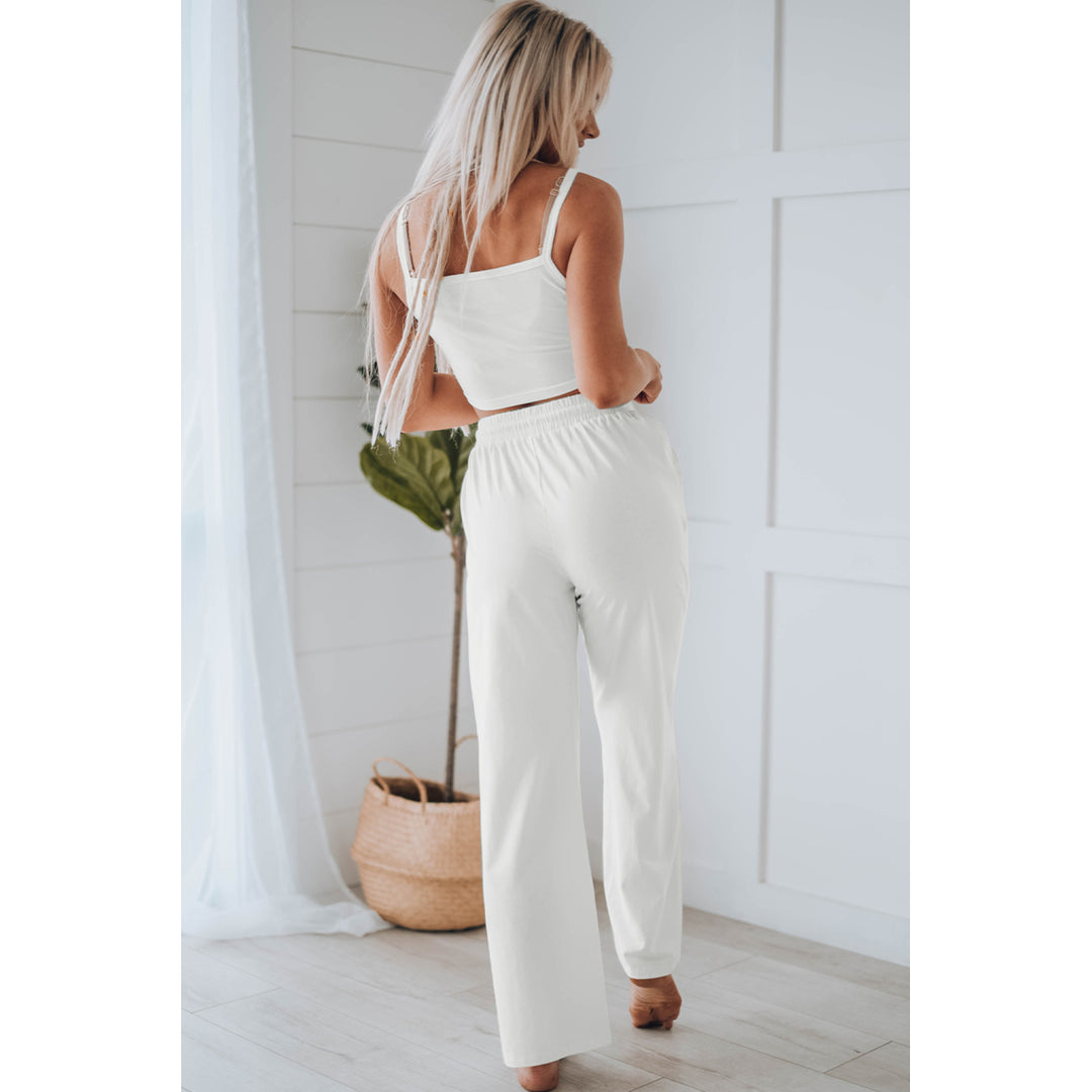 Womens White Cropped Cami Top and High Waist Pants Two Piece Set Image 4