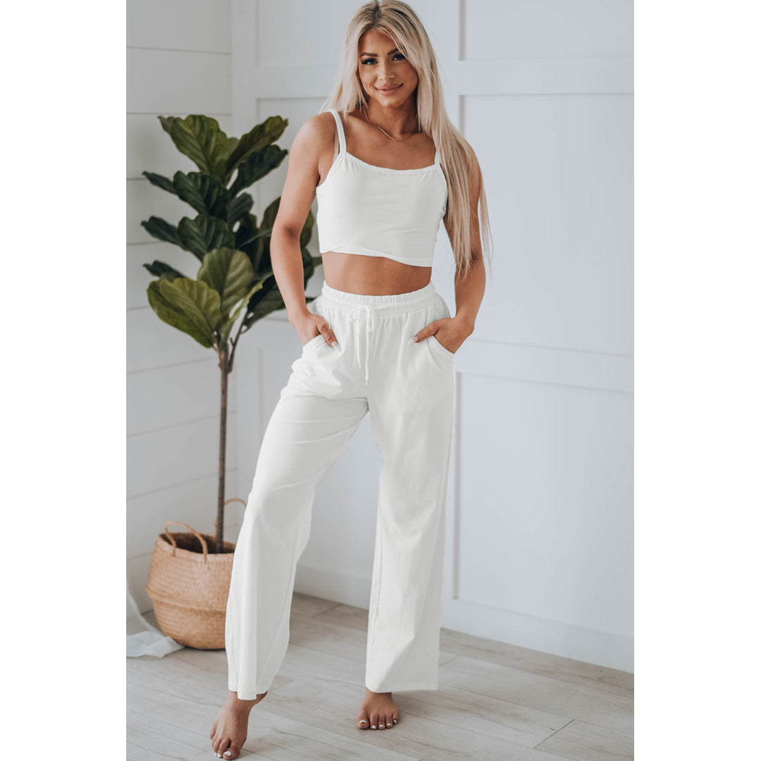 Womens White Cropped Cami Top and High Waist Pants Two Piece Set Image 7