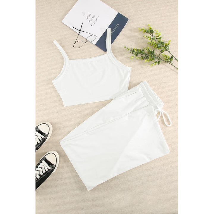 Womens White Cropped Cami Top and High Waist Pants Two Piece Set Image 8