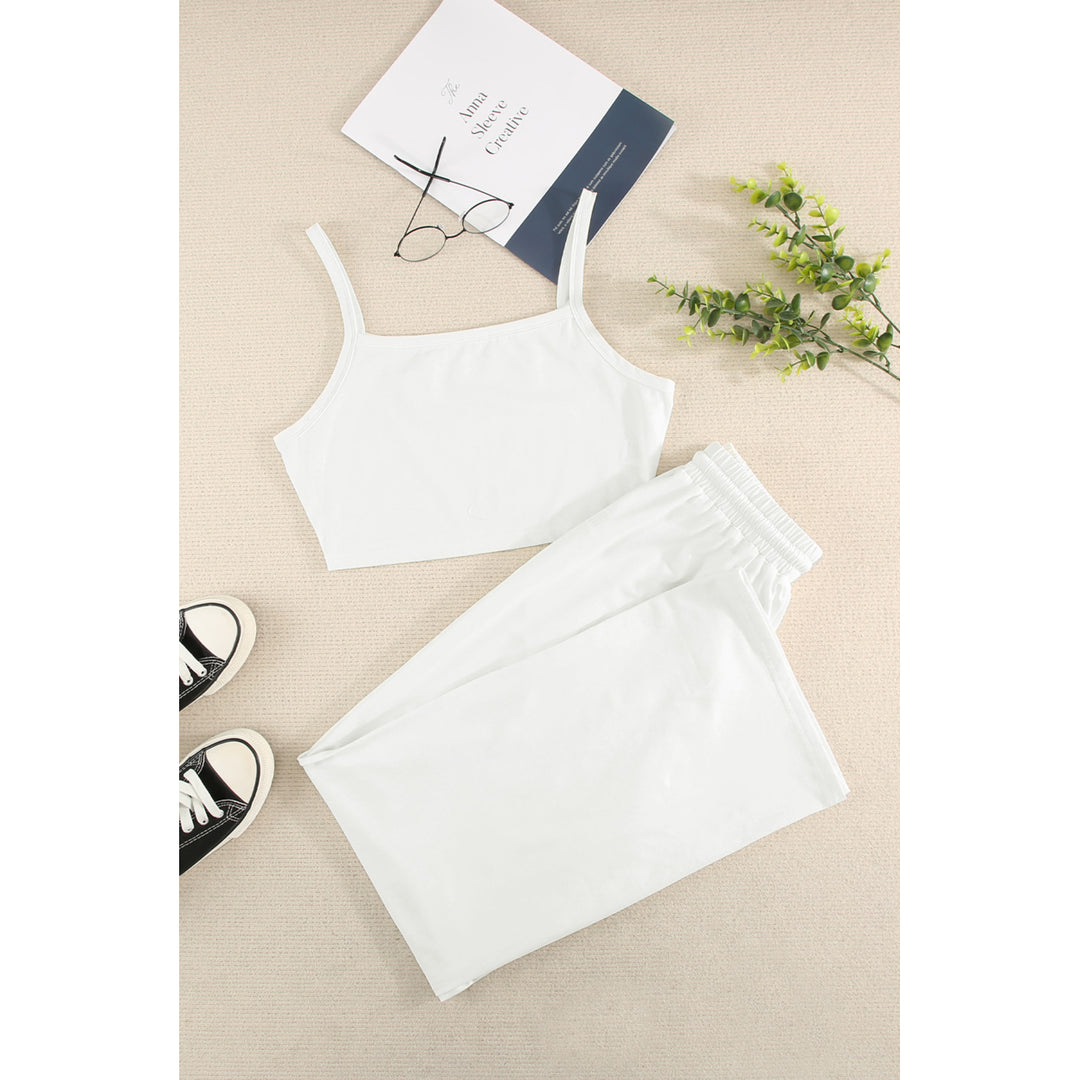 Womens White Cropped Cami Top and High Waist Pants Two Piece Set Image 9