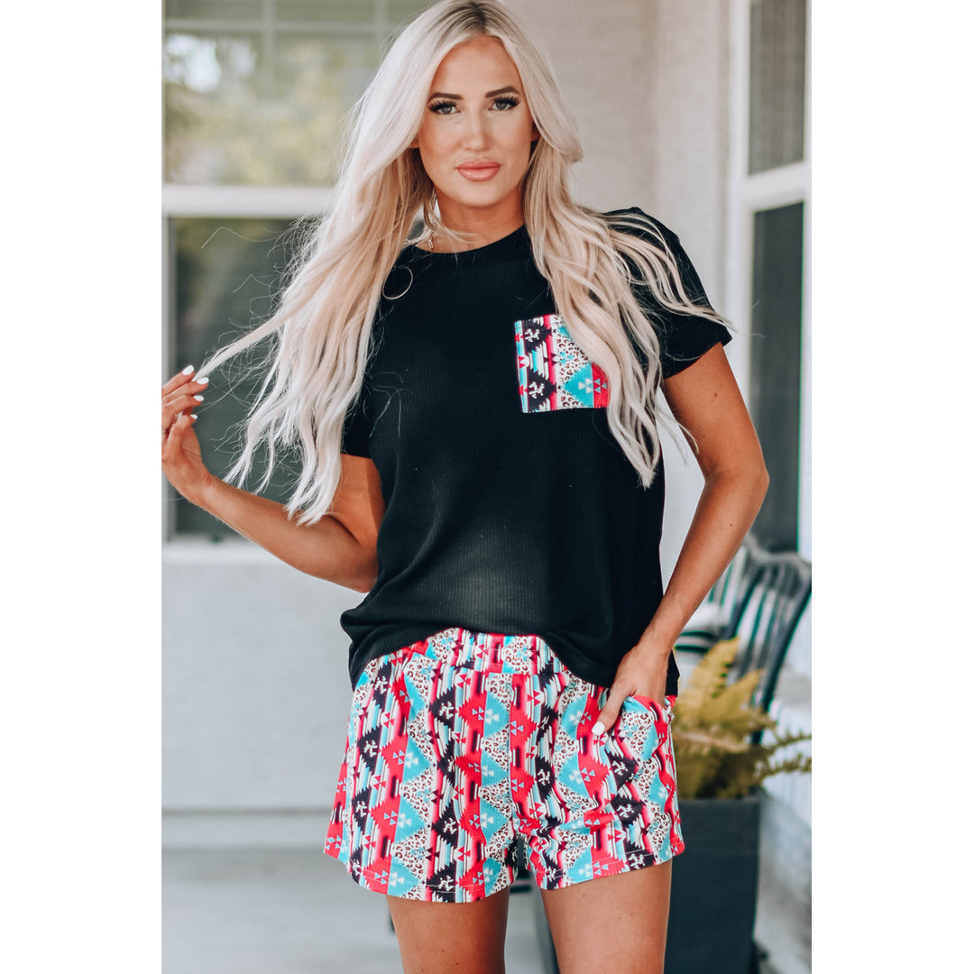 Womens Black Aztec Pocketed Tee and Shorts Set Image 3