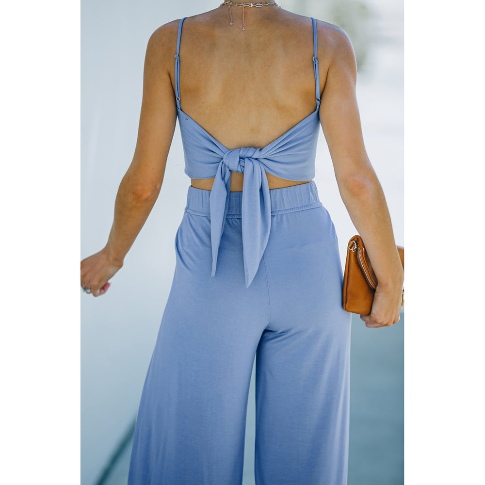 Womens Sky Blue Knotted Backless Cami Top and Split High Waist Pants Set Image 2