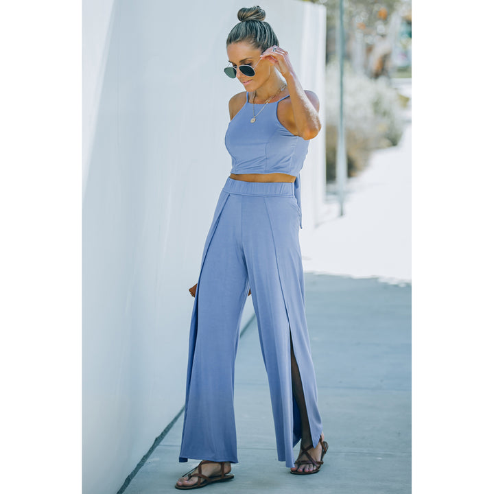 Womens Sky Blue Knotted Backless Cami Top and Split High Waist Pants Set Image 3