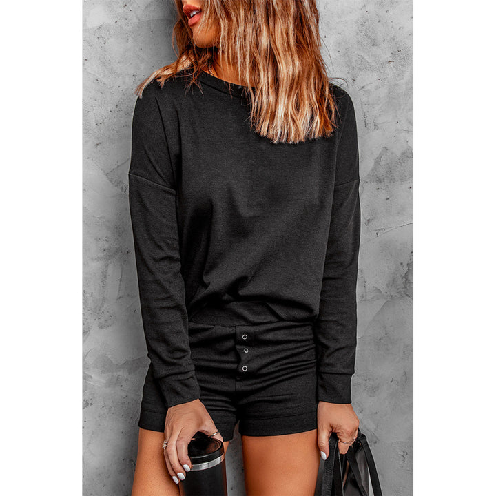 Womens Black Ribbed Knit Drop-Shoulder Sleeve Top and Shorts Two Piece Set Image 3