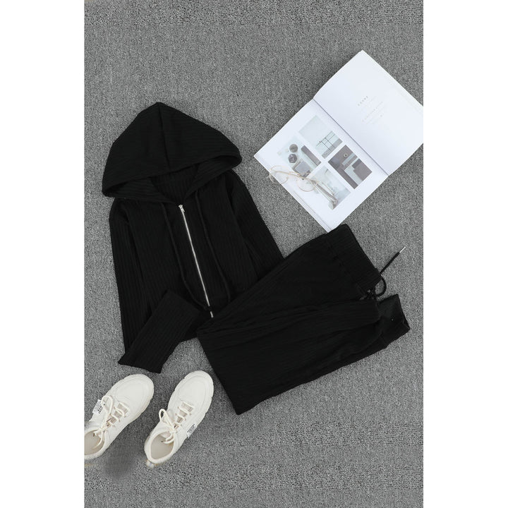 Womens Black Ribbed Knit Cropped Hoodie and Jogger Two Piece Set Image 1