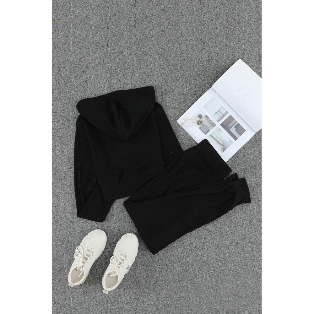 Womens Black Ribbed Knit Cropped Hoodie and Jogger Two Piece Set Image 2