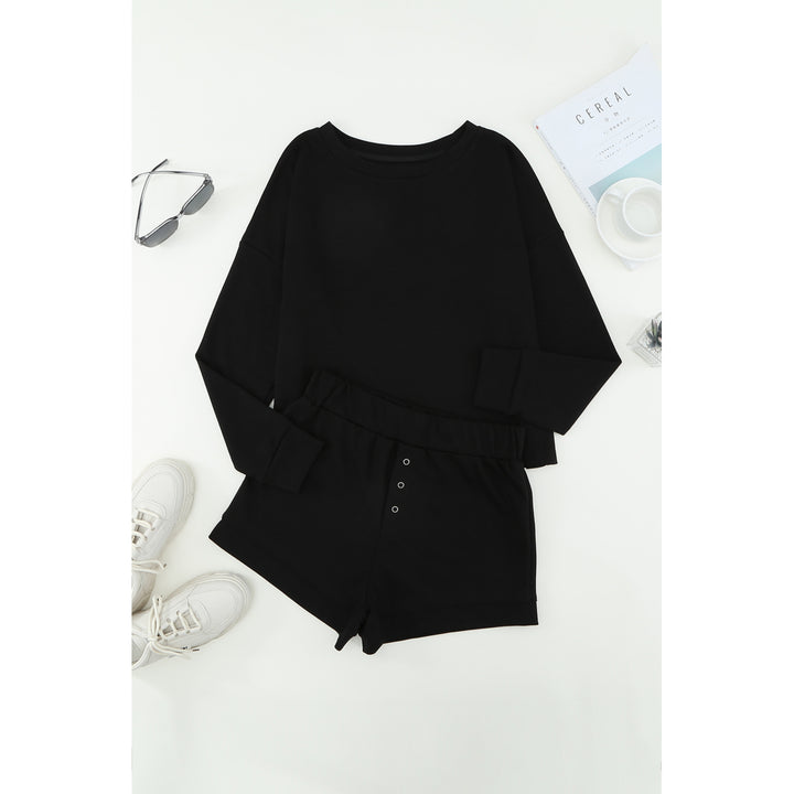Womens Black Ribbed Knit Drop-Shoulder Sleeve Top and Shorts Two Piece Set Image 10