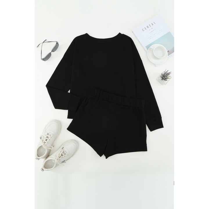 Womens Black Ribbed Knit Drop-Shoulder Sleeve Top and Shorts Two Piece Set Image 11