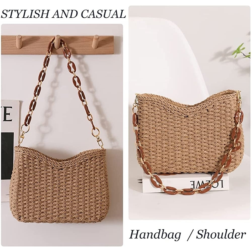 Straw Woven Shoulder Bag for Women Summer Beach Travel Crossbody Handbag Classics Satchel Purse Image 4