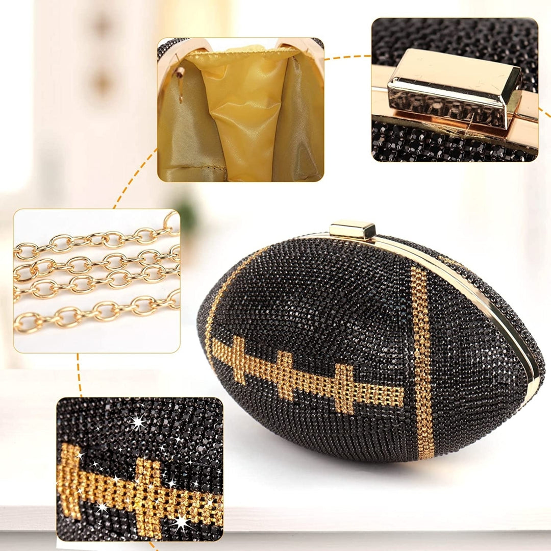 Football Bling Purse Rhinestone Clutch Purses for Women Crystal Ball Purse Rugby Ball Shaped Bag with Shoulder Chain Image 4