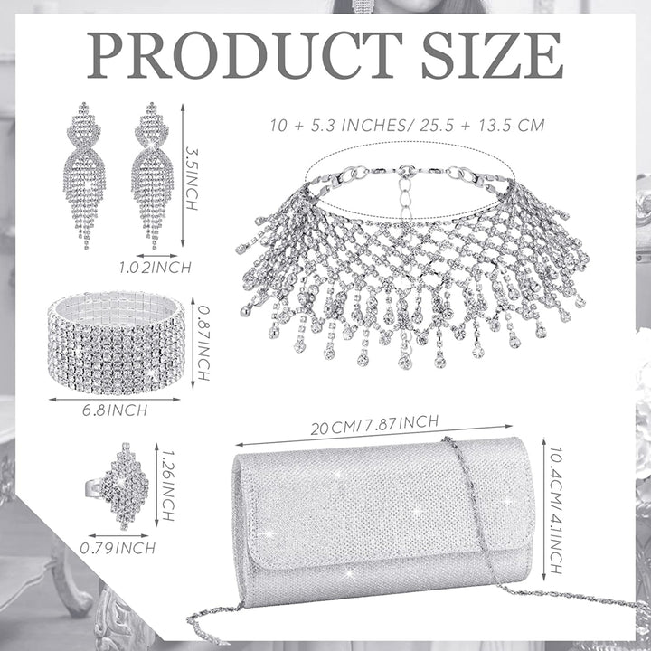 5 Pcs Silver Clutch Purses for Women Evening Rhinestone Jewelry Set Bling Clutch Purse Bag Image 6