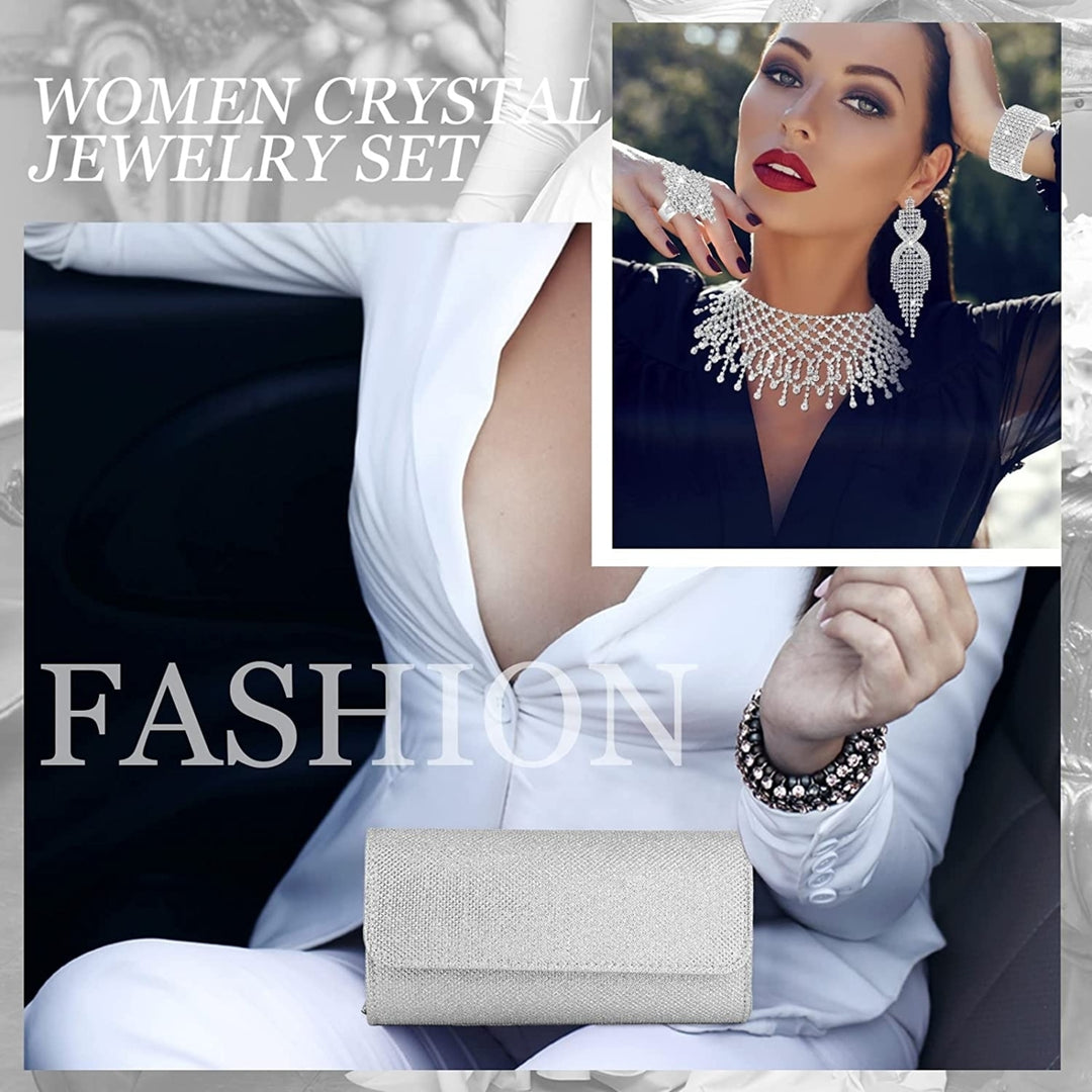 5 Pcs Silver Clutch Purses for Women Evening Rhinestone Jewelry Set Bling Clutch Purse Bag Image 7