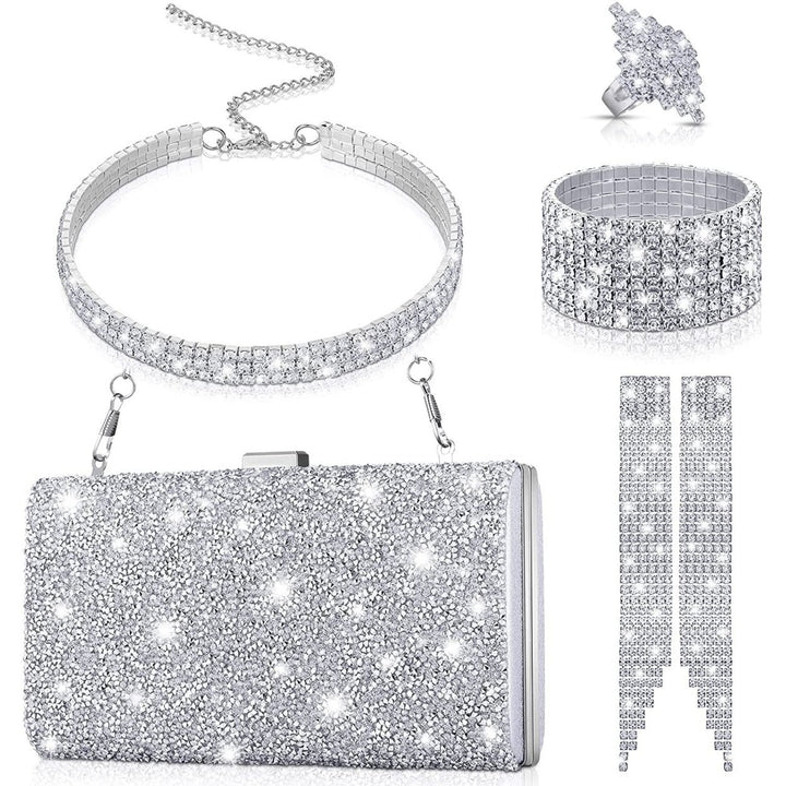 5 Pcs Silver Clutch Purses for Women Evening Rhinestone Jewelry Set Bling Clutch Purse Bag Image 1