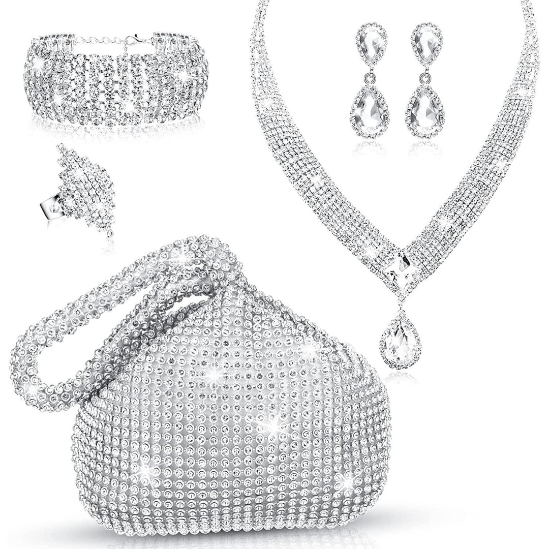 5 Pcs Silver Clutch Purses for Women Evening Rhinestone Jewelry Set Bling Clutch Purse Bag Image 10