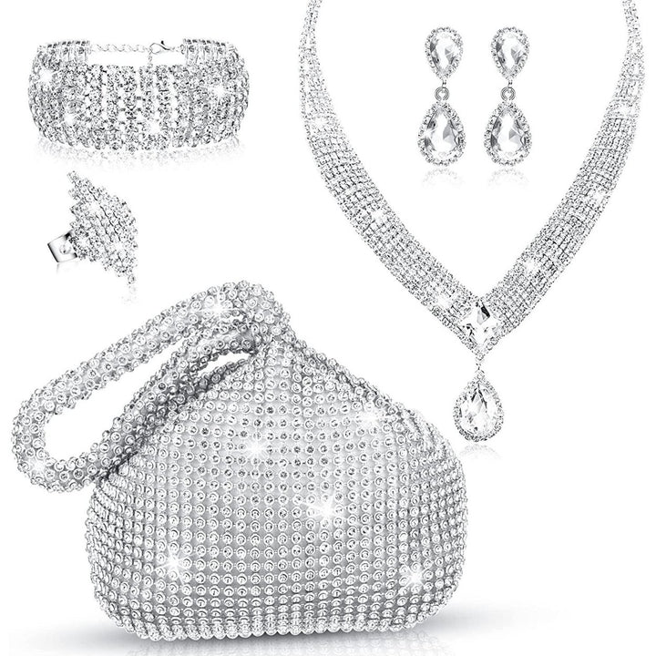 5 Pcs Silver Clutch Purses for Women Evening Rhinestone Jewelry Set Bling Clutch Purse Bag Image 1