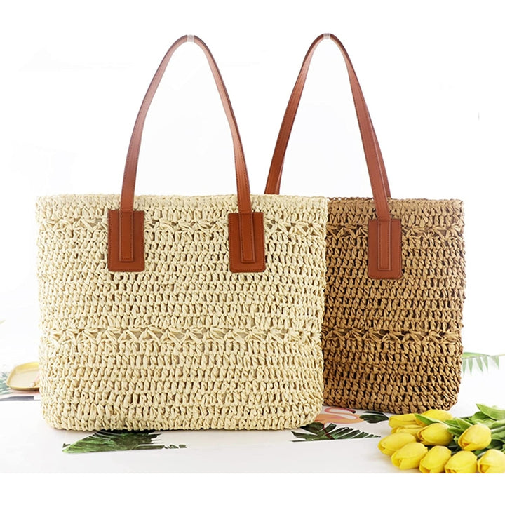 Straw Bag for Women Woven Beach Structured Tote Handmade Crochet Carteras De Mujer Summer Shoulder Bohemian Hobo Pom Image 3